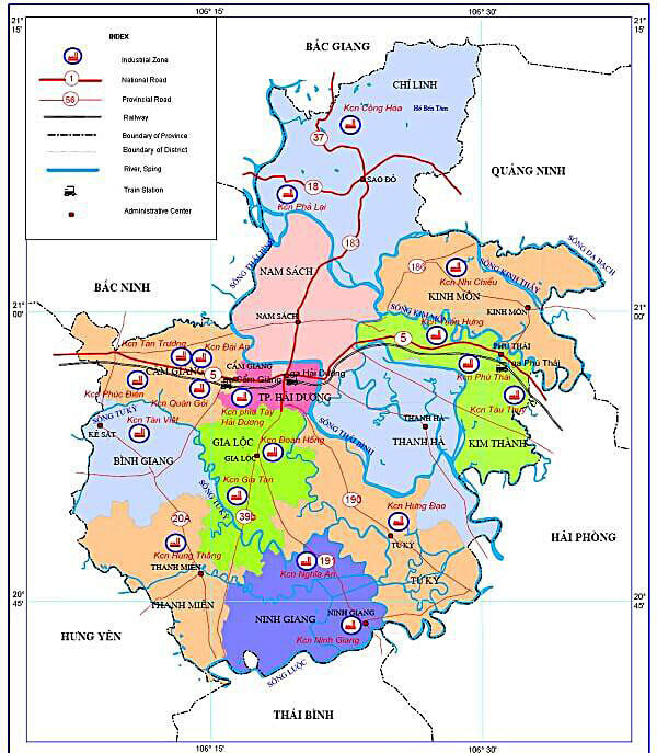 Bản đồ hành chính các huyện, thành phố, thị xã thuộc Hải Dương