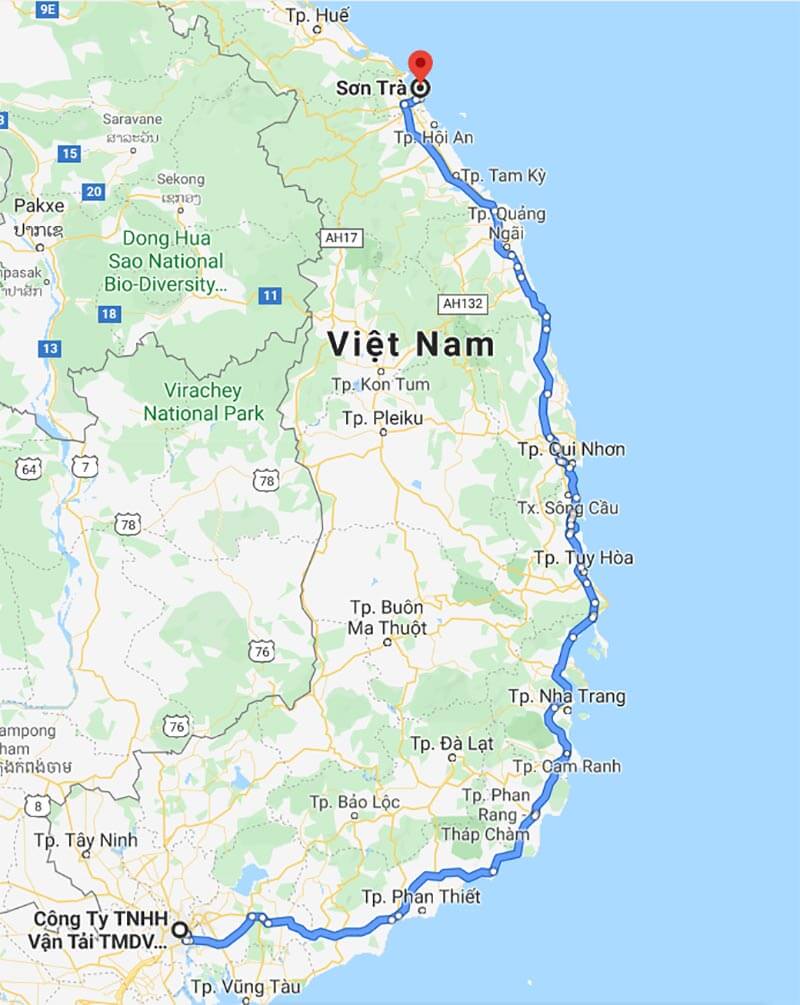 Lộ trình vận chuyển hàng từ TPHCM đi quận Liên Chiểu, Đà Nẵng dọc theo tuyến QL1A Lộ trình vận chuyển hàng từ TPHCM đi quận Liên Chiểu, Đà Nẵng dọc theo tuyến QL1A